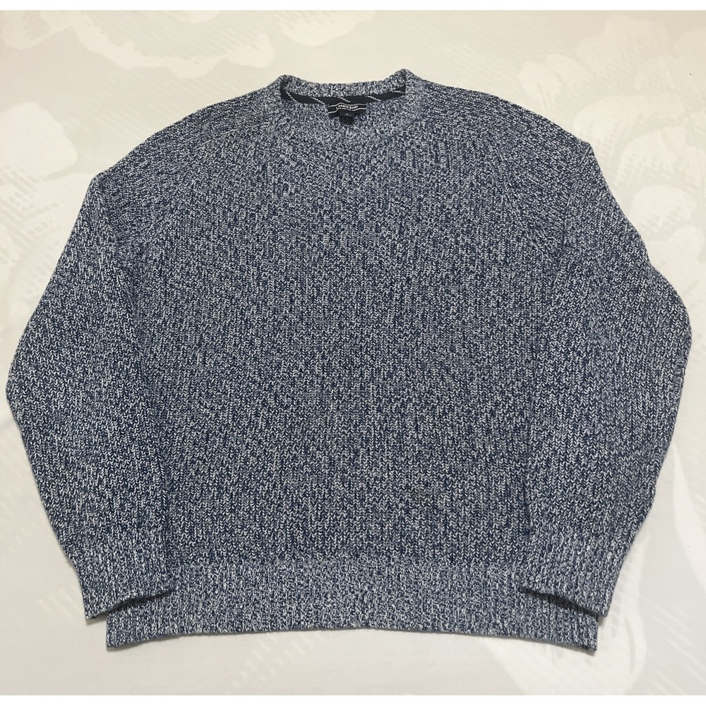 Lands End Drifter Sweater Mens Large Blue White Cotton Marled Crewneck